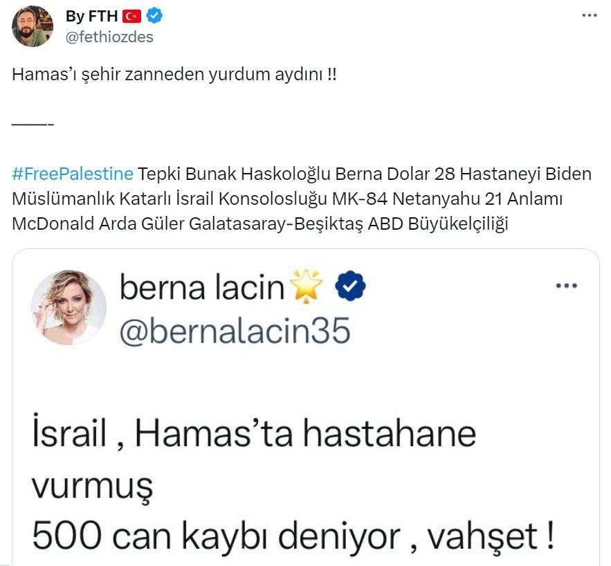 Vatandaşlar Berna Laçin’e tweet sildirtti: Hamas'ı şehir zanneden 'yurdum aydını'