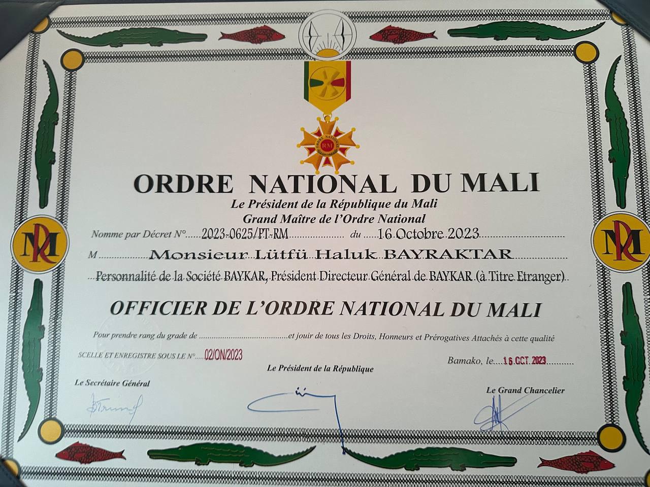 Haluk Bayraktar'a Mali'den Ulusal Nişan