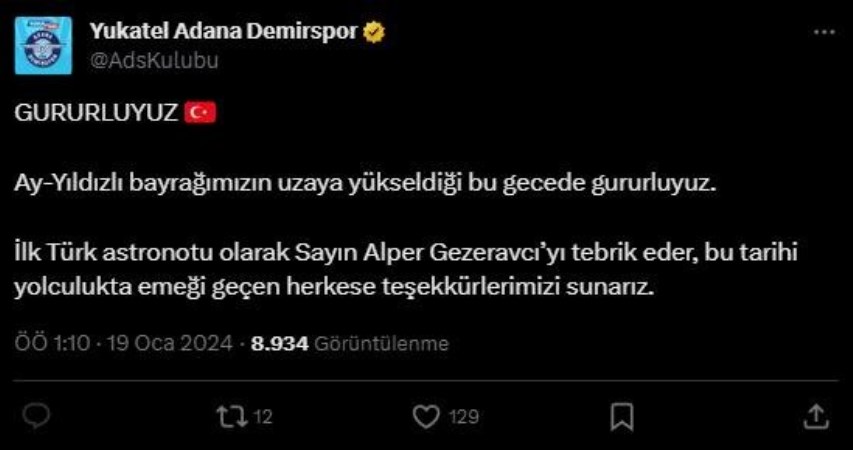 Süper Lig ekiplerinden Alper Gezeravcı paylaşımı! Uzaya giden ilk Türk astronot...