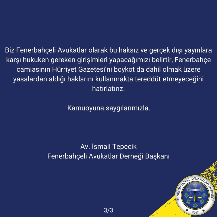 Fenerbahçeli Avukatlar Derneği'nden yandaş yazara tepki!