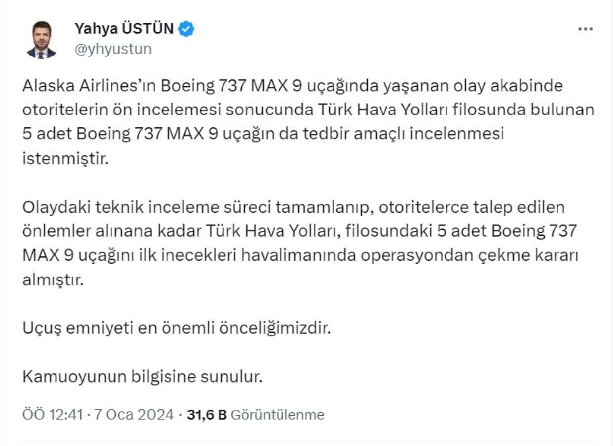 THY'den Boeing 737 MAX 9 tipi uçakları seferden çekme kararı