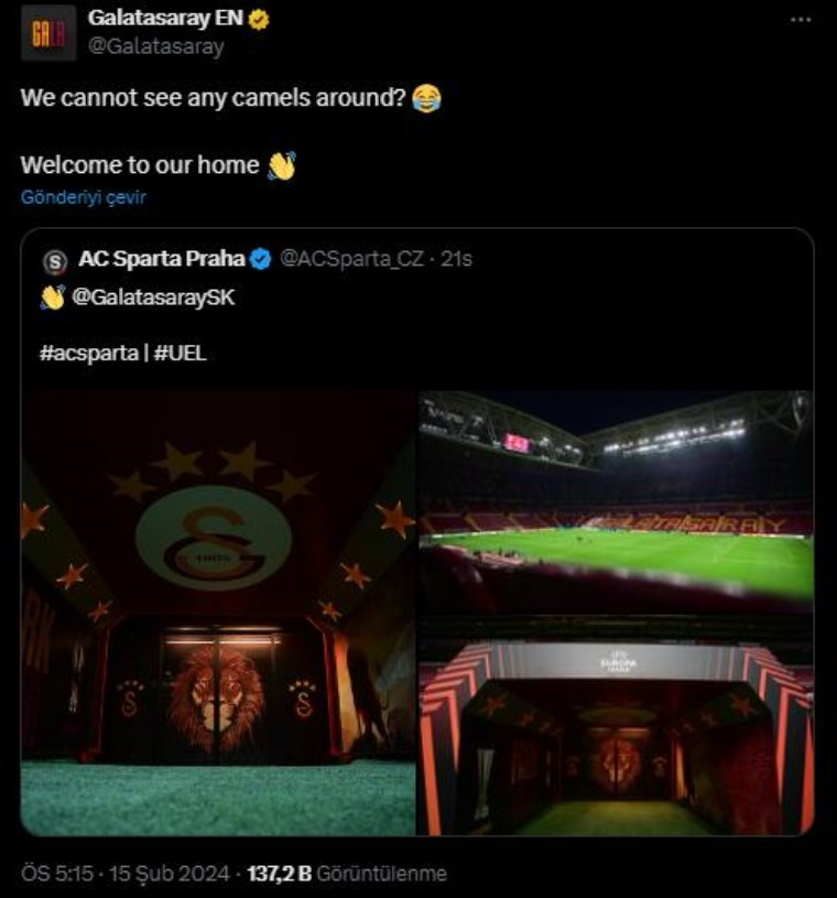 Sosyal medyadan paylaşılmıştı: Galatasaray'dan Sparta Prag'a 'deve' yanıtı!