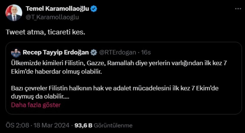 Karamollaoğlu'ndan Erdoğan'a 'İsrail' tepkisi: 'Tweet atma, ticareti kes'