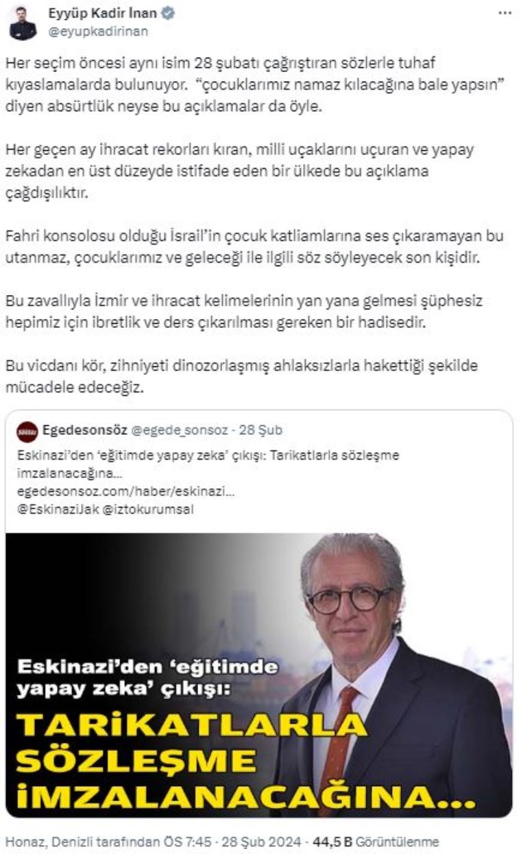 MEB'e 'tarikatlarla sözleşme' eleştirisi yapan Eskinazi, AKP'nin hedefinde: 'Dinozorlaşmış ahlaksızlar...'
