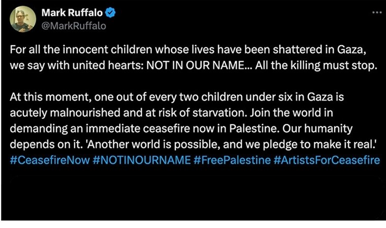ABD'li oyuncu Mark Ruffalo'dan Gazze çağrısı: 'Ölümler durmalıdır'