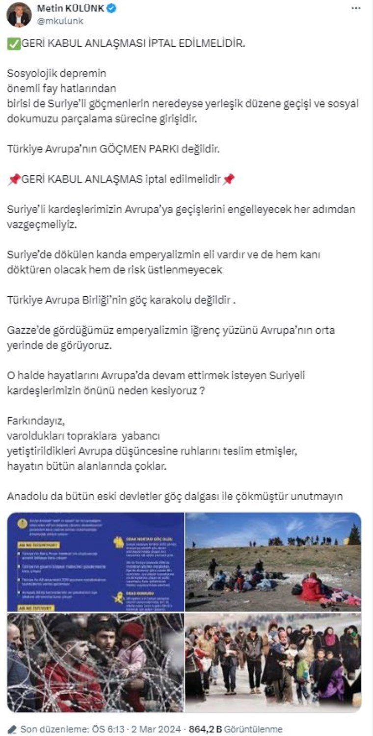 AKP'li Metin Külünk'ten çok konuşulacak 'göçmen' çıkışı: 'Anlaşmayı iptal edin' dedi, Ümit Özdağ 'tebrik' etti
