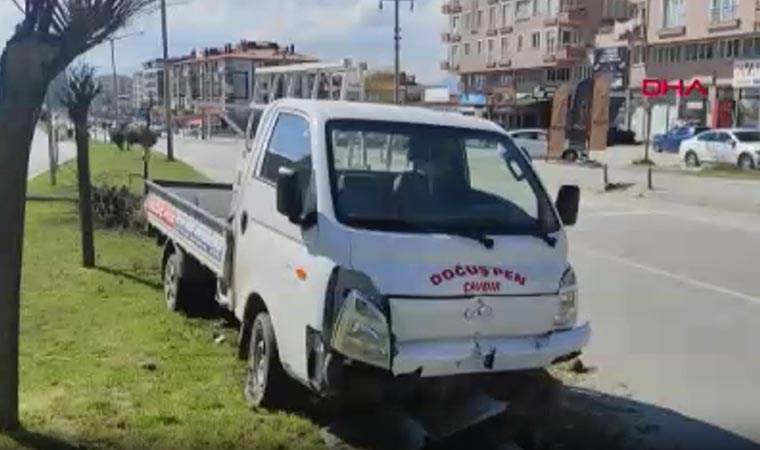 Lastiği patlayan kamyonet refüje çıkıp ağacı devirdi