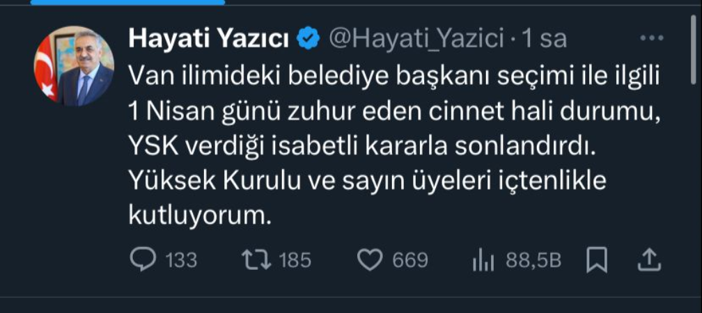 YSK'nın Van kararına 'isabetli' demişti... AKP'li Yazıcı o paylaşımını sildi - Son Dakika Siyaset Haberleri | Cumhuriyet