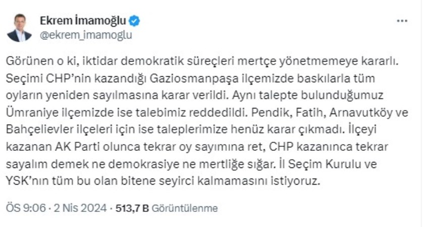 CHP’nin kazandığı Gaziosmanpaşa'da oylar yeniden sayılacak, İmamoğlu: 'İktidar süreçleri mertçe yönetmemeye kararı' - Son Dakika Siyaset Haberleri | Cumhuriyet