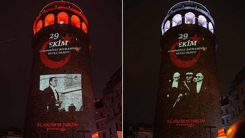 Galata Kulesi’nde Cumhuriyet Bayramı Coşkusu: Atatürk Fotoğrafları Cepheye Yansıtıldı